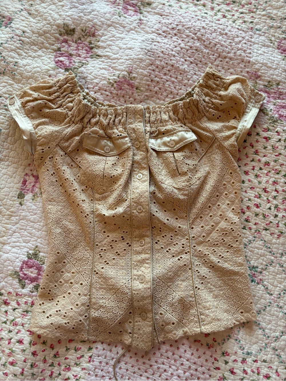 Marciano Beige Eyelet Off-Shoulder Top